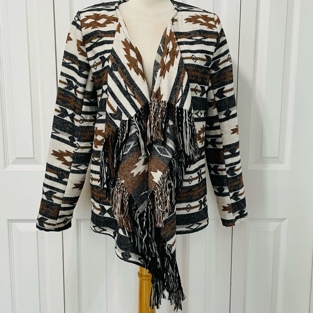 Me Jane Tribal Print Fringe Blanket Jacket Cardigan - Open Front
